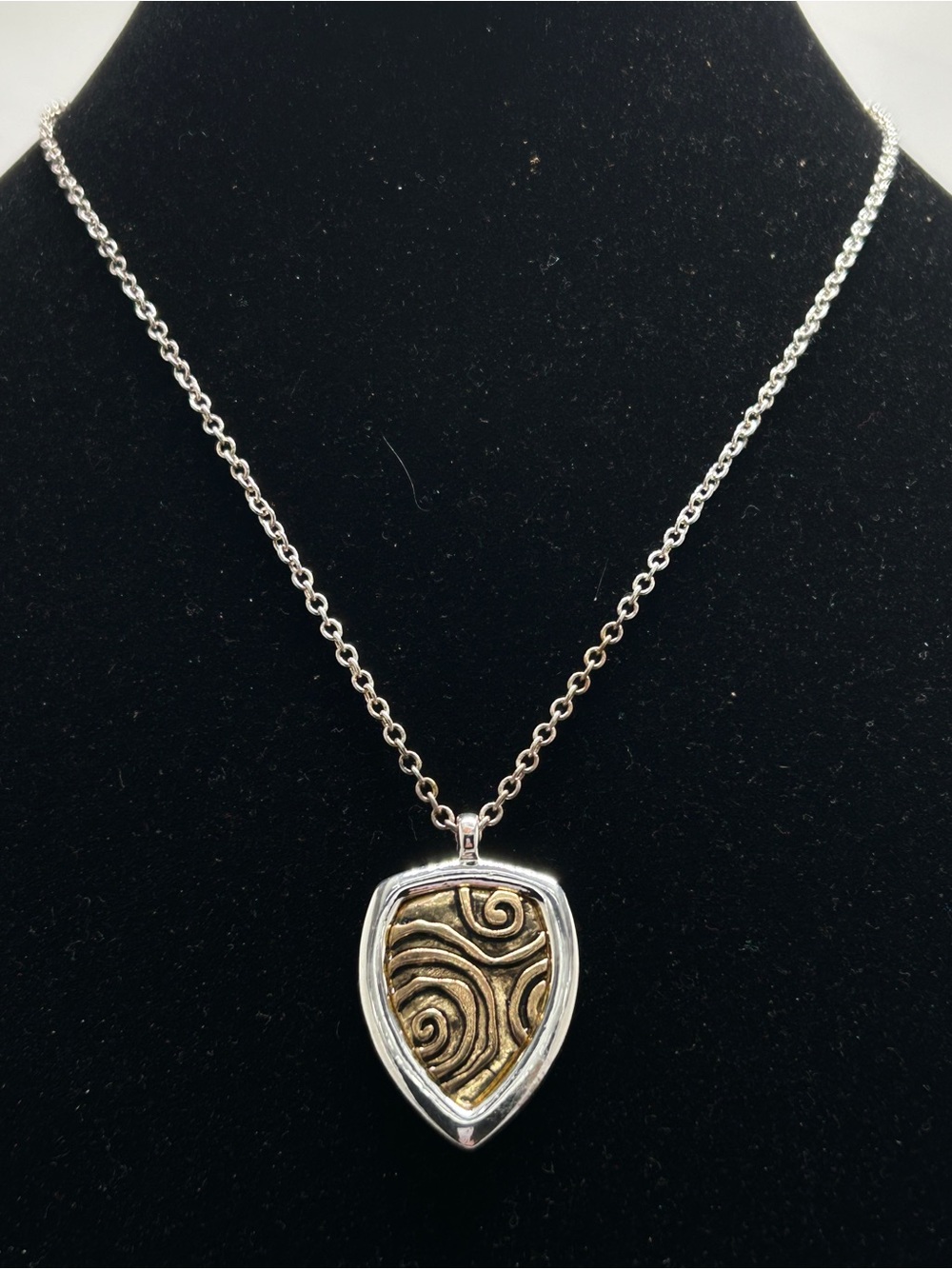 Mixed Metal Silver And Gold Long Shield Pendant, Necklace, NOC